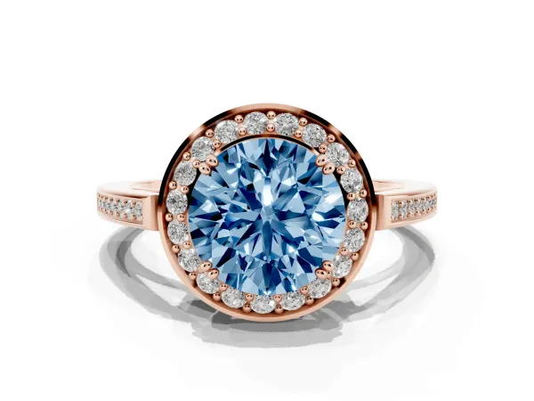 Fancy Blue Round Cut Diamond Halo Ring with Split Shank and Four-Prong Setting Rose gold