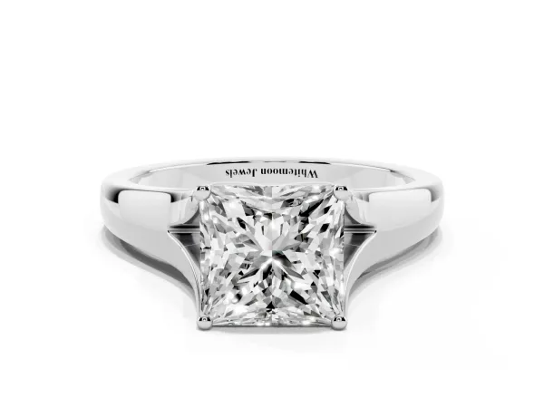 Princess Cut Solitaire Diamond Ring with Cathedral Band and Four-Prong Setting Platinum