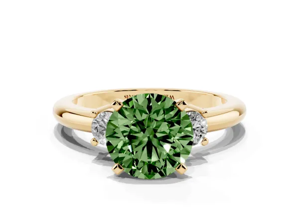 Fancy Green Three-Stone Round Cut Cut Diamond Solitaire with Prong Setting and Classic Band Yellow gold