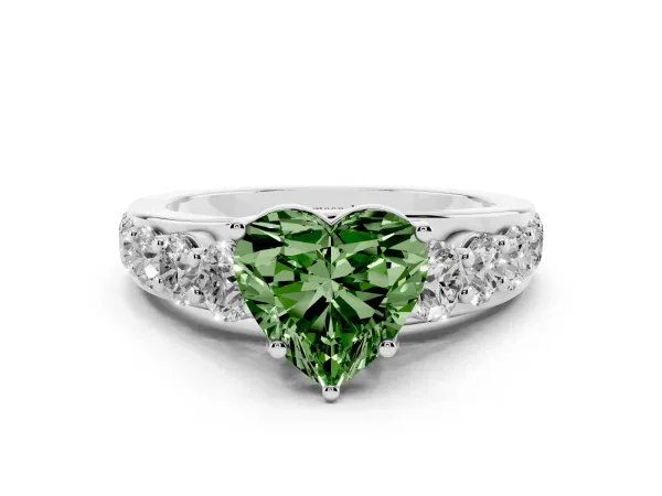 Fancy Green Heart Cut Diamond Engagement Ring with Pavé Band and Four-Prong Setting White gold
