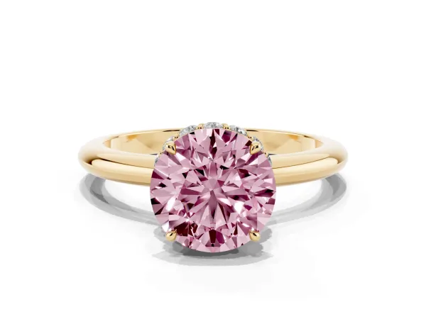 Fancy Pink Round Cut Brilliant Solitaire Engagement Ring with Six-Prong Setting and Classic Band Yellow gold