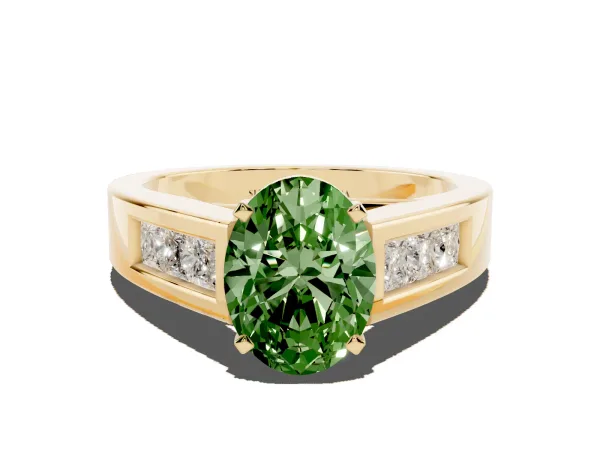 Fancy Green Oval Cut Cut Channel Set Solitaire Ring with Four-Prong Setting Yellow gold