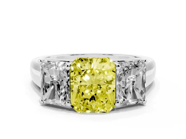 Fancy Yellow Radiant Cut Three-Stone Diamond Ring with Prong Setting on a Classic Band Platinum