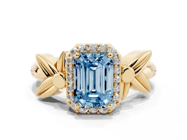 Fancy Blue Emerald Cut Halo Diamond Floral Band with Four-Prong Setting Yellow gold