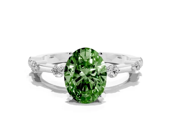 Fancy Green Oval Cut Solitaire Diamond Ring with Bezel Set Side Stones and Prong Setting White gold