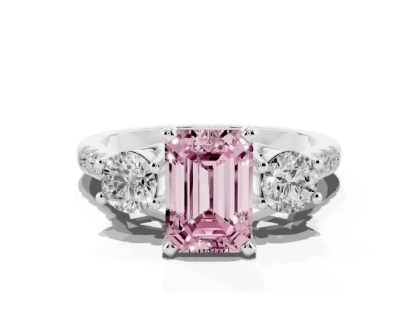 Fancy Pink Three-Stone Emerald Cut Diamond Pavé Band with Four-Prong Setting Platinum