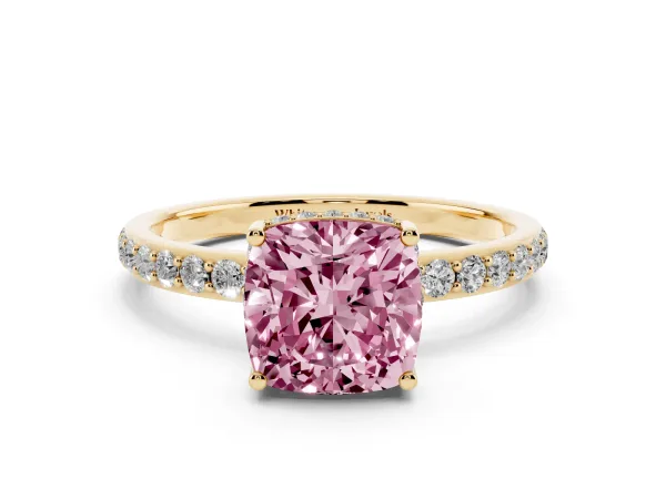 Fancy Pink Cushion Cut Diamond Solitaire Ring with Pavé Band and Hidden Halo Yellow gold
