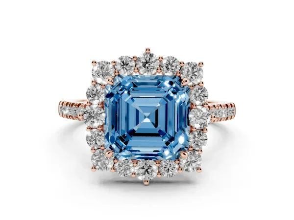Fancy Blue Asscher Cut Halo Diamond Ring with Pavé Band and Prong Setting Rose gold