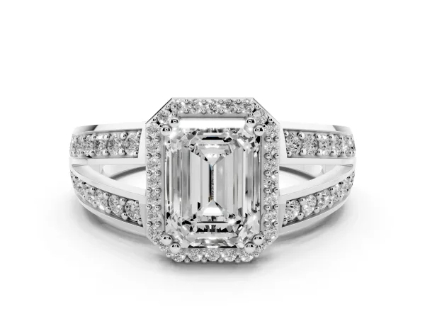 Emerald Cut Diamond Halo Ring with Split Shank Pavé Band and Four-Prong Setting Platinum