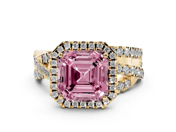 Fancy Pink Asscher Cut Diamond Halo Ring with Round Split Shank and Prong Setting Yellow gold