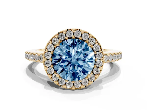 Fancy Blue Round Cut Diamond Pavé Halo Ring with Four-Prong Setting Yellow gold