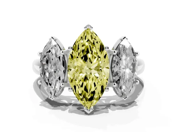 Fancy Yellow Three-Stone Marquise Cut Diamond Engagement Ring with Prong Setting Platinum