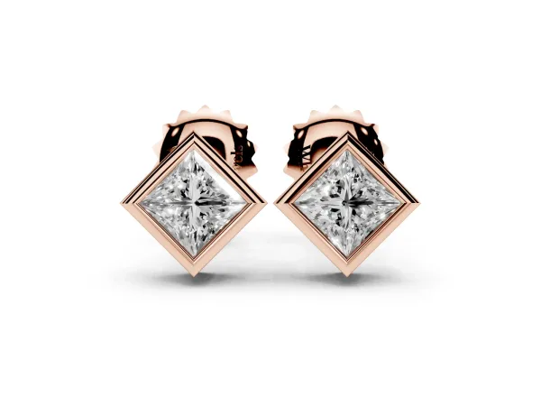 Princess Cut Bezel Set Diamond Stud Earrings Rose gold