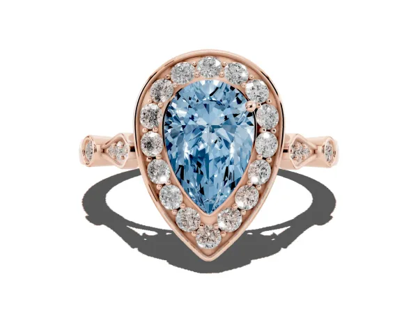 Fancy Blue Pear Cut Halo Diamond Engagement Ring with Twisted Band and Four-Prong Setting Rose gold