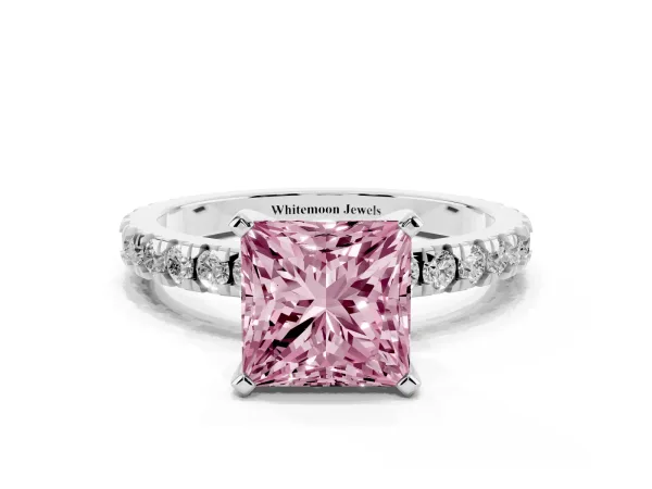 Fancy Pink Princess Cut Diamond Pavé Band Solitaire with Four-Prong Setting White gold