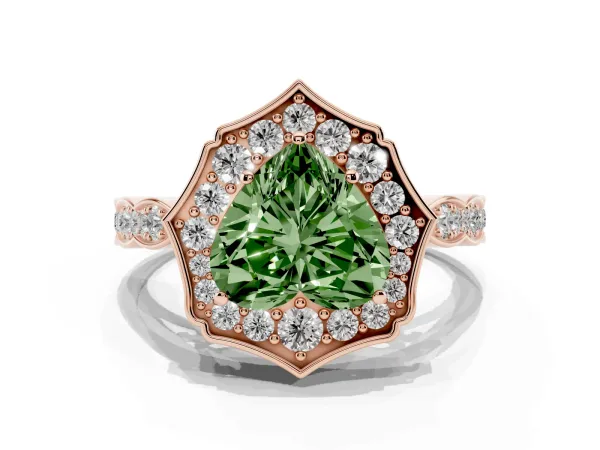 Fancy Green Heart Cut Halo Diamond Engagement Ring with Milgrain Band and Four-Prong Setting Rose gold