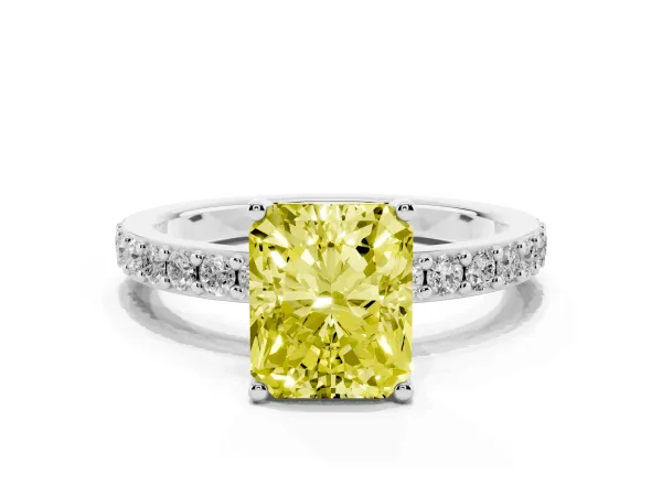 Fancy Yellow Radiant Cut Cut Diamond Solitaire with Pave Band and Four-Prong Setting Platinum
