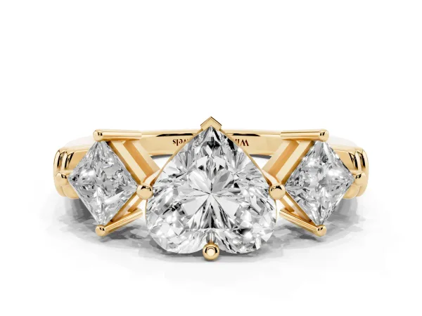 Three-Stone Heart Cut and Princess Cut Diamond Ring with Channel Band and Four-Prong Setting Yellow gold