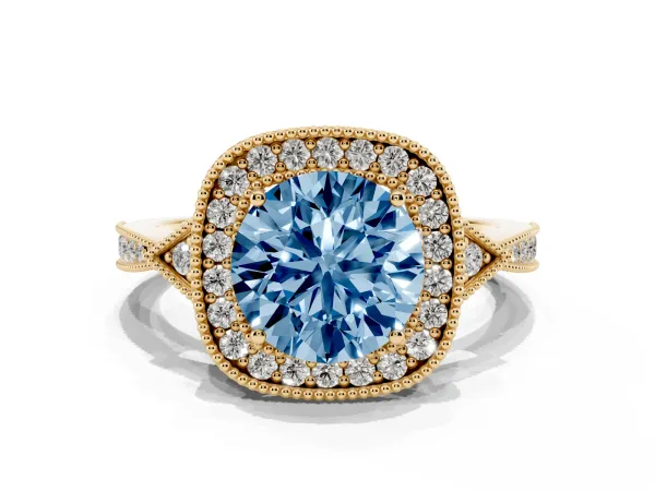 Fancy Blue Round Cut Halo Round Diamond Milgrain Pave Engagement Ring Yellow gold