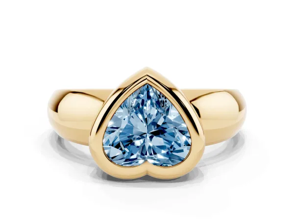 Fancy Blue Bezel Set Heart Cut Solitaire Ring with Wide Band Yellow gold