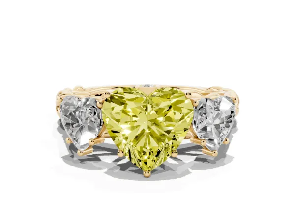 Fancy Yellow Three-Stone Heart Cut Diamond Braided Band Ring with Four-Prong Setting Yellow gold