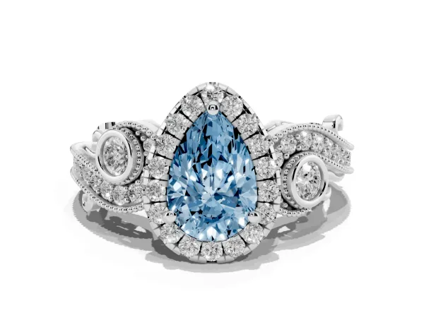 Fancy Blue Pear Cut Halo Diamond Ring with Milgrain and Bezel Accents on a Split Shank Band Platinum