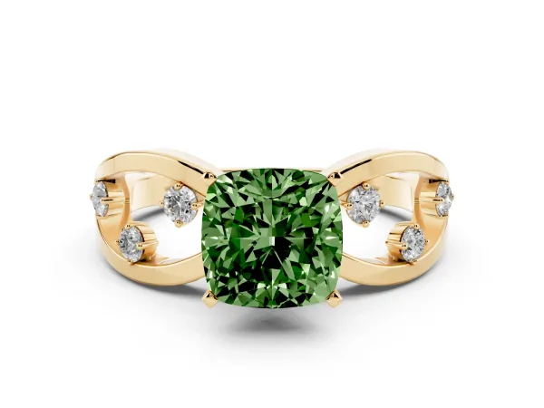 Fancy Green Cushion Cut Cut Solitaire Diamond with Side Stones on Criss-Cross Band and Four-Prong Setting Yellow gold