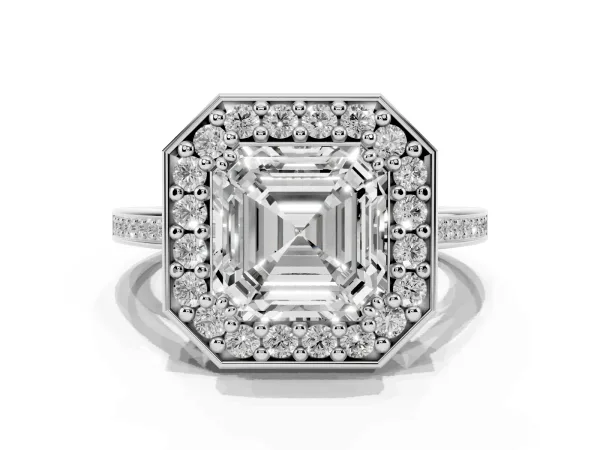 Asscher Cut Diamond Halo Ring with Split Shank and Four-Prong Setting White gold