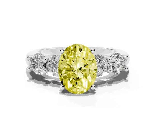 Fancy Yellow Oval Cut Cut Five-Stone Prong Set Diamond Ring with Classic Band Platinum