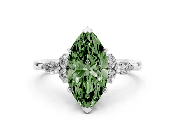 Fancy Green Marquise Cut Brilliant Diamond Solitaire Ring with Pear Side Stones and Four-Prong Setting White gold