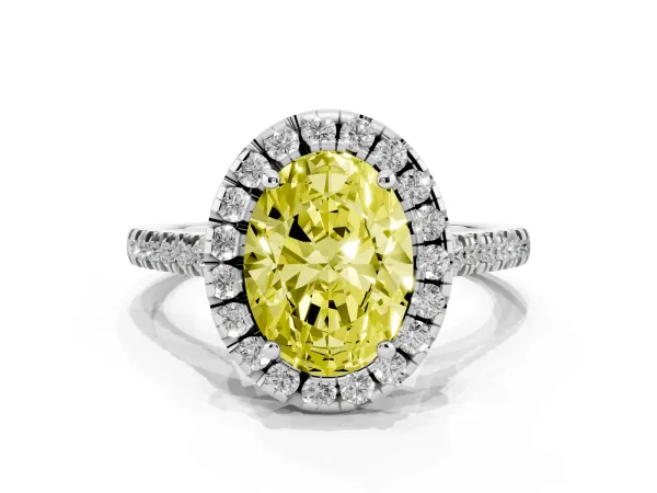 Fancy Yellow Oval Cut Diamond Cushion Halo Ring with Pavé Band Platinum