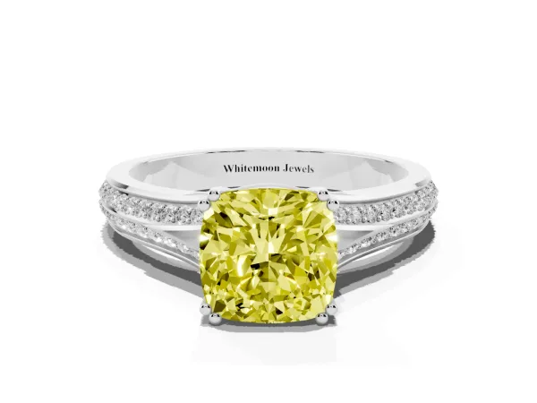 Fancy Yellow Cushion Cut Diamond Split Shank Engagement Ring with Pavé Band White gold
