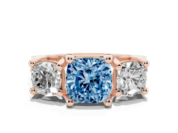 Fancy Blue Cushion Cut Diamond Three-Stone Ring with Channel Set Band and Four-Prong Setting Rose gold