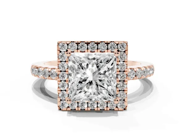 Princess Cut Halo Diamond Engagement Ring with Pavé Band and Four-Prong Setting Rose gold