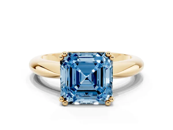 Fancy Blue Asscher Cut Cut Solitaire Engagement Ring with Tapered Band and Four-Prong Setting Yellow gold
