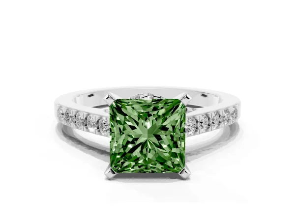 Fancy Green Princess Cut Diamond Solitaire Ring with Crossover Gallery and Round Pavé Band White gold