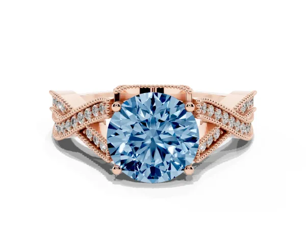 Fancy Blue Round Cut Cut Diamond Twisted Band with Milgrain Pave Setting and Four-Prong Setting Rose gold