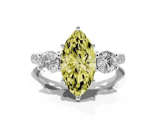 Fancy Yellow Three-Stone Marquise Cut Diamond Pavé Band with Four-Prong Setting White gold