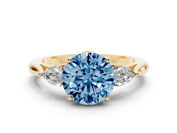 Fancy Blue Round Cut Diamond Three-Stone Ring with Pear Side Stones and Prong Setting Yellow gold