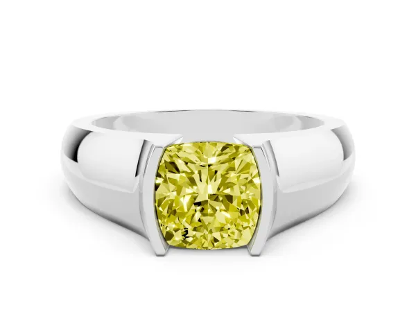 Fancy Yellow Cushion Cut Solitaire Bezel Set Diamond Ring with Wide Band White gold