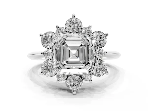 Asscher Cut Diamond Cluster Halo Ring with Solitaire Band and Four-Prong Setting Platinum
