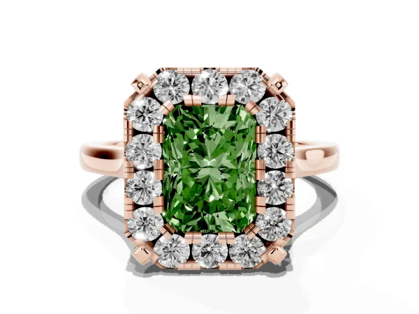 Fancy Green Radiant Cut Diamond Cluster Halo Solitaire with Four-Prong Setting Rose gold