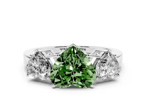 Fancy Green Three-Stone Heart Cut Cut Diamond Engagement Ring with Flat Band and Four-Prong Setting White gold