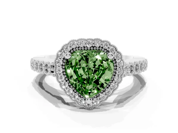 Fancy Green Heart Cut Cut Halo Pavé Solitaire Ring with Milgrain Band White gold