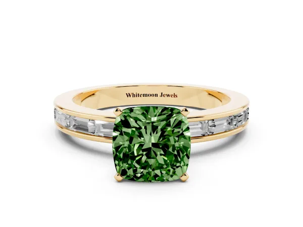Fancy Green Cushion Cut Solitaire Diamond Ring with Channel-Set Baguette Band and Four-Prong Setting Yellow gold