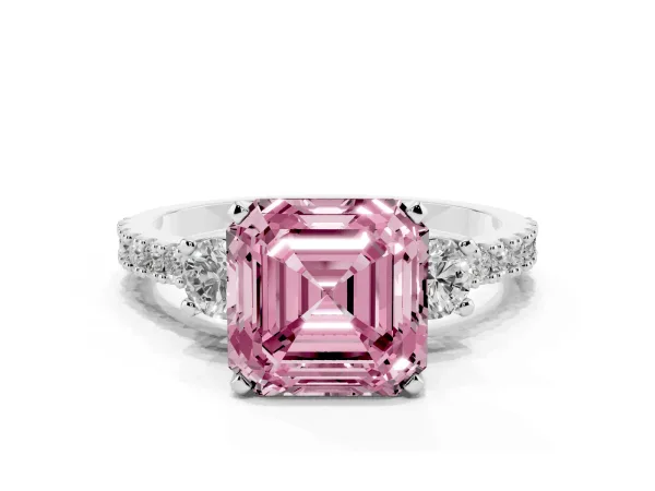 Fancy Pink Asscher Cut Three-Stone Diamond Pavé Band with Prong Setting Platinum