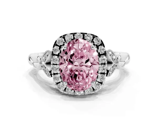 Fancy Pink Oval Cut Halo Diamond Engagement Ring with Vintage-Inspired Band and Four-Prong Setting Platinum