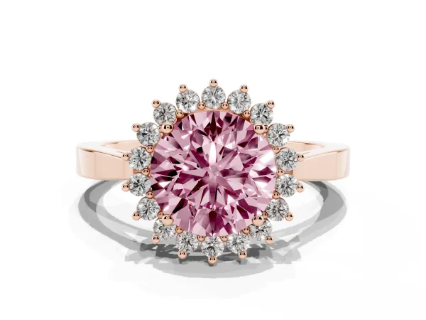Fancy Pink Round Cut Cut Diamond Halo Ring with Round Brilliant Halo and Solitaire Band Rose gold