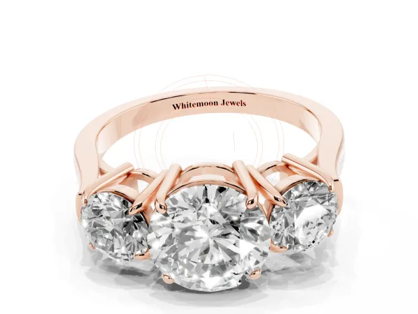 Three-Stone Round Cut Cut Diamond Ring with Round Accent Stones, Prong Setting, and Classic Band Rose gold