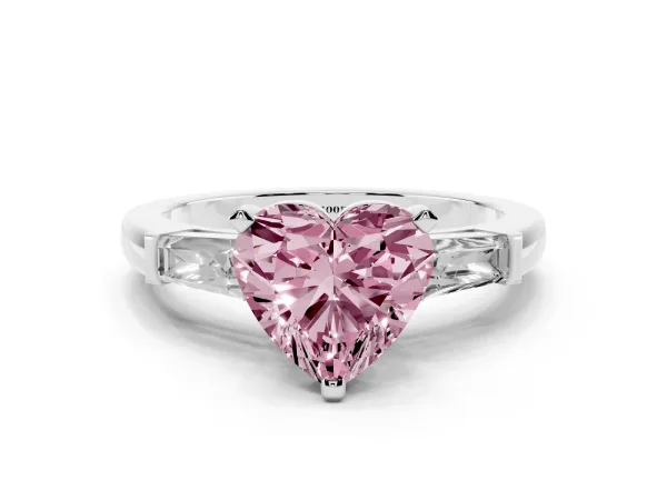 Fancy Pink Heart Cut Solitaire with Tapered Baguette Side Stones on a Classic Band with Four-Prong Setting White gold